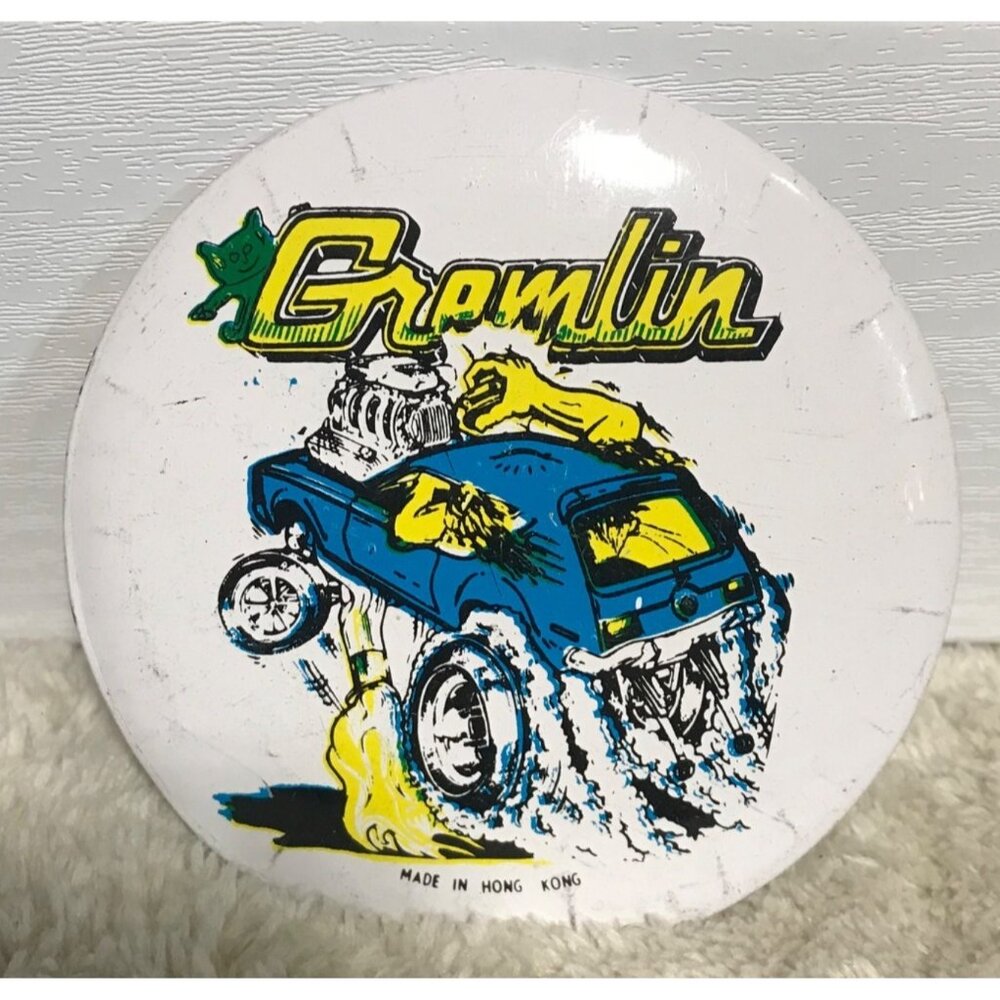 AMC Motors Gremlin Button Pin 1970s Blue Yellow 3.25" Diameter Hong Kong